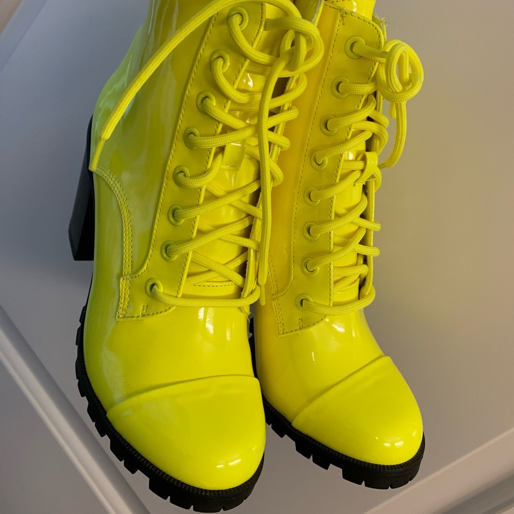 NEW Neon Yellow patent faux leather Combat boots